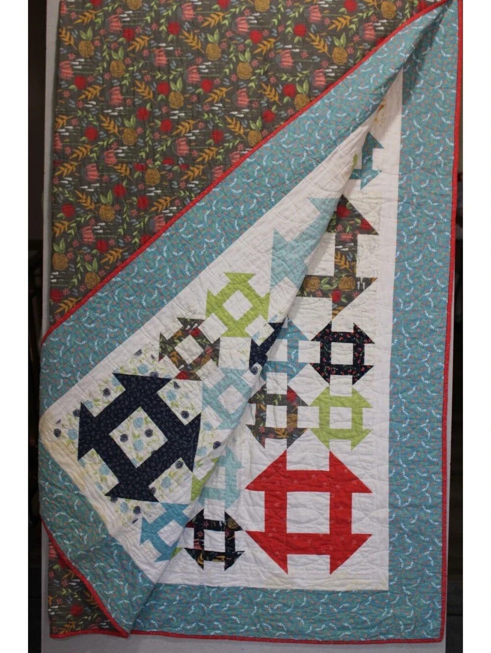 Vtg Handmade Pieced Quilt Classic Mini Churn Dash Fall Theme Queen 68x78